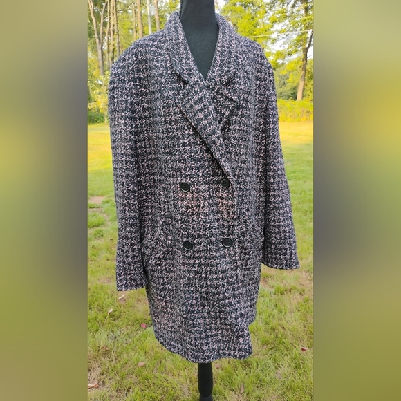 1950's Wool Tweed Coat Sz 18.5 Women's Pink Black & White Button Closure - Picture 1 of 16